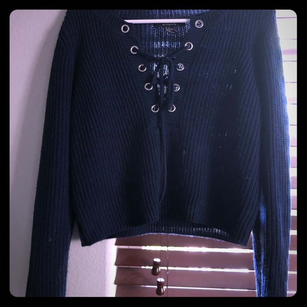 Blue sweater crop top - front tie